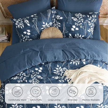 Bedsure King Size Comforter Set - 7 Pieces Floral Navy Soft Bedding Sets, King Bed in a Bag with Botanical Flowers Comforter, Sheets, Pillowcases & Shams Bedsure