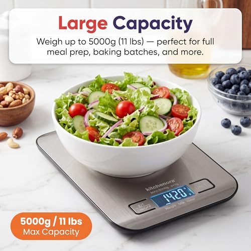 KitchenOra Digital Food Kitchen Scale, 11lb/5kg Capacity with 1g Precision, 5 Units (g/oz/lb:oz/ml/fl'oz), 304 Stainless Steel Surface, Backlit LCD, Tare Function for Cooking, Baking, Keto & Meal Prep