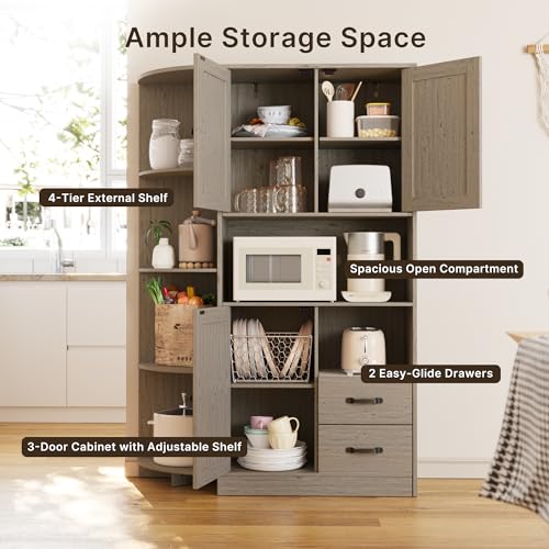 Gizoon 60.4" Farmhouse Kitchen Pantry Storage Cabinet with Doors and Adjustable Shelves, Large Kitchen Hutch with Drawers, Freestanding Cupboard for Dining Room, Living Room, Grey Gizoon