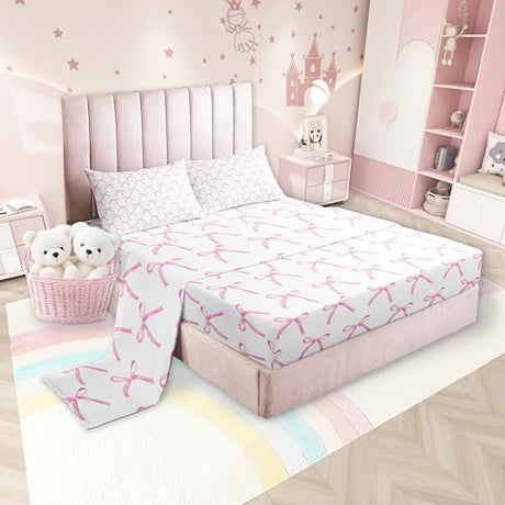 Cartoon Bowknot Kids Sheet King Size,Pink Bow Tie Butterfly Knot Princess Bedding Set,Girls Women Room Decor,Watercolor Bow Patchwork Pink White Bed Sheet Set 4pcs(Fitted + Flat + 2 Pillowcases) Manfei