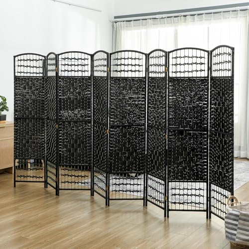 HOMCOM 8 Panel Room Divider, Folding Privacy Screen, 5.6' Room Separator, Wave Fiber Freestanding Partition Wall Divider, Black HOMCOM
