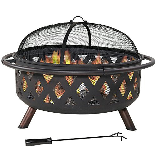 Sunnydaze Black Crossweave Outdoor Fire Pit - Wood-Burning Fire Pit for Outside with Spark Screen, Poker and Cover - 36-Inch Sunnydaze
