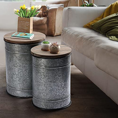 Rustic Storage Ottoman Seat Stool, Farmhouse Accent Side Table, Antique Galvanized Metal End Table Box Bin with Round Wooden Lid Set of 2 (Galvanized) - WoodArtSupply