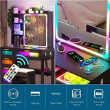 WOOVIVS Vanity Desk with Lights and Sliding Vanity Mirror, Makeup Vanity Desk with Charging Station, Vanities Dressing Table with Stool, LED Vanity Set with Large Drawers&Shelves for Bedroom, Black WOOVIVS