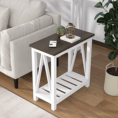 ChooChoo Farmhouse End Table, Rustic Vintage Narrow End Side Table with Storage Shelf for Small Spaces, Nightstand Sofa Table for Living Room, Bedroom White ChooChoo