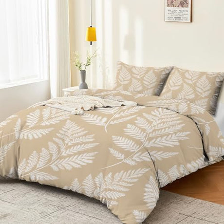 Double Sided Printed Bedding with Minimalist Leaves Modern - Ultra Soft Microfiber Duvet Cover Set Single Durable Zipper Closure, Comfortable Quilt Cover for Bedroom Décor Light Color Generic