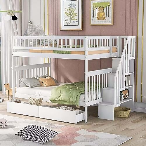 Harper & Bright Designs Stairway Bunk Bed Full Over Full, Wood Bunk Bed with Drawers, Solid Wood Detachable Bed Frame for Kids, Teens, Adults, White Harper & Bright Designs