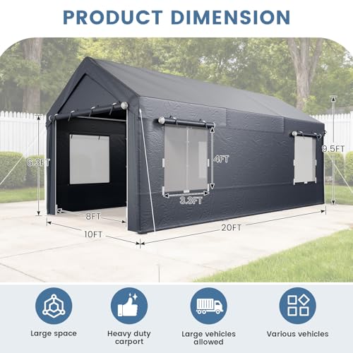 EROMMY Carport, 10' x 20' Heavy Duty Carport with Roll-up Windows，Portable Garage with Removable Sidewalls, Car Canopy with All-Season Tarp and Sandbags for Truck, Tractor, Boat, Gray EROMMY