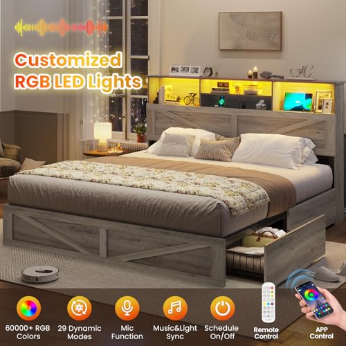 VIAGDO Farmhouse Bed Frame King Size with Bookcase Storage Headboard, Charging Station and LED Lights, Wooden King Bed Frame with 4 Drawers, Barn Door Design, No Box Spring Needed, No Noise, Grey VIAGDO