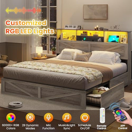 VIAGDO Farmhouse Bed Frame King Size with Bookcase Storage Headboard, Charging Station and LED Lights, Wooden King Bed Frame with 4 Drawers, Barn Door Design, No Box Spring Needed, No Noise, Grey VIAGDO