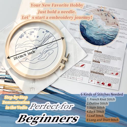 FONNUY Beach Ocean Embroidery Kit, Cross Stitch Kits for Beginners, Handmade Crafts with Printed Patterns for Beginner Adults, Easy to Follow Color Thread Needlework, 8'' Hoop (Ocean)