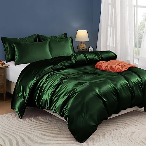 Horbaunal 5 Pieces Satin Duvet Cover Set Queen/Full Size Emerald Green Duvet Cover with Corner Ties & Zipper Closure, Luxury & Silky Bedding Set, 1 Duvet Cover and 4 Pillowcases (No Comforter) Horbaunal