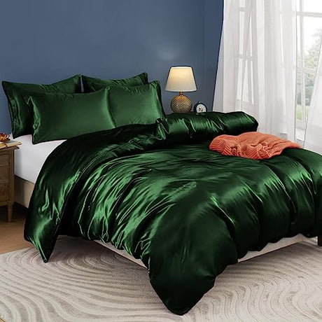 Horbaunal 5 Pieces Satin Duvet Cover Set Queen/Full Size Emerald Green Duvet Cover with Corner Ties & Zipper Closure, Luxury & Silky Bedding Set, 1 Duvet Cover and 4 Pillowcases (No Comforter) Horbaunal