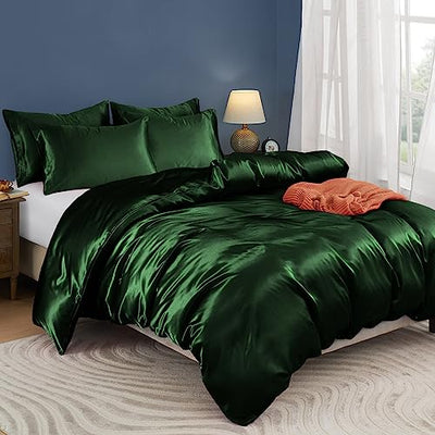 Horbaunal 5 Pieces Satin Duvet Cover Set Queen/Full Size Emerald Green Duvet Cover with Corner Ties & Zipper Closure, Luxury & Silky Bedding Set, 1 Duvet Cover and 4 Pillowcases (No Comforter)