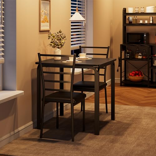 ELETHEBIA Dining Table Set for 2 Person Seat,Table with 2 Upholstered Chairs - Spacious Square Rounded Corner Top, Perfect for Apartment Living Room, Dining Room, Study, and Kitchen Workspace (Black) ELETHEBIA