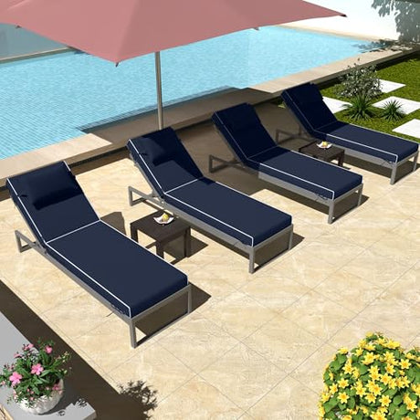 PZDJUMO Chaise Lounge Cushions Outdoor Set of 2 Lounge Chair Cushion 72" L x 21" W with Headrest Straps 3'' Thick Waterproof PU Patio Chaise Cushions Pool Lounger Chair Cushion(Navy Blue) PZDJUMO