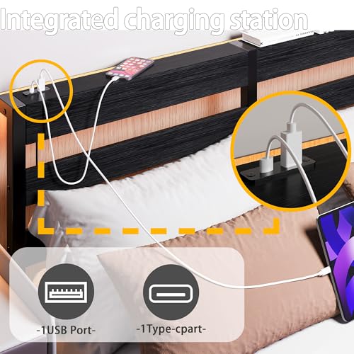 Floating Full Size Bed Frame with Headboard and Storage,Metal Platform Bed Frame Full Size with Charging Port and LED Lights,No Box Spring Needed,Easy Assembly,Noise Free,Heavy Duty Black Bed Frame SOLACECASA