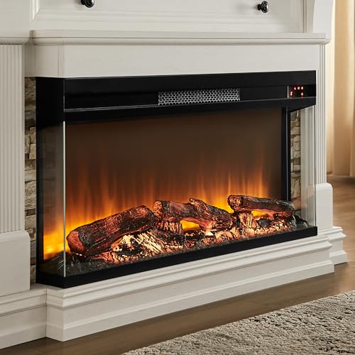 OKD 52 Inch Electric Fireplace with Mantel, Fireplace TV Stand with 36" 3-Sided Glass Electric Fireplace Heater for Living Room (Antique White) OKD