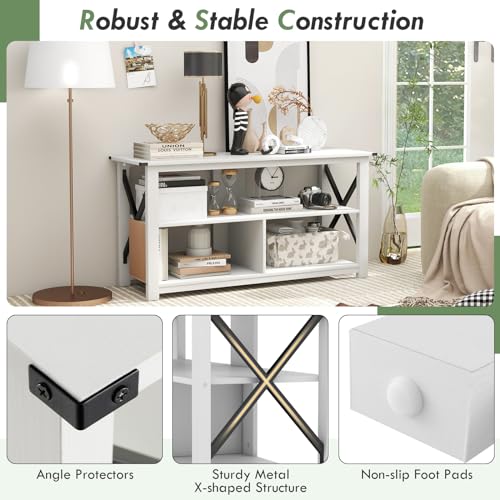 Tangkula Wood TV Stand with Open Shelves and X-shaped Frame, 3 Tier Entertainment Center for 55-Inch TV, Farmhouse TV Console Table, Open TV Stands for Living Room Bedroom (White) Tangkula