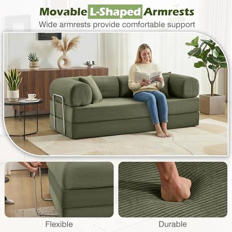 CozySpot Sofa Bed, 79" Convertible Sleeper Sofa with Pull Out Bed, 5-in-1 Folding Corduroy Futon Couch, Modular Loveseat Sofa Bed for Living Room, Bedroom & Apartment, Green CozySpot