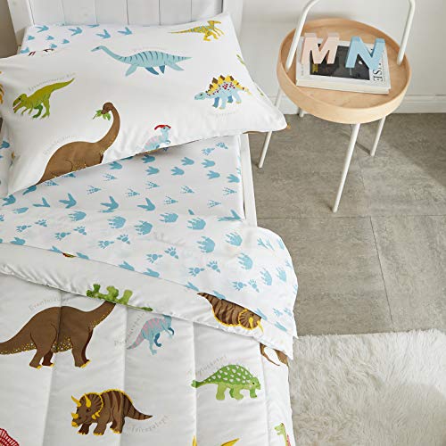4 Pieces Toddler Bedding Set Dinosaur with Colorful Dinos and Monsters Toddler Comforter Sheet Set for Autumu and Winter Includes Comforter, Flat Sheet, Fitted Sheet and Pillowcase White UOZZI BEDDING