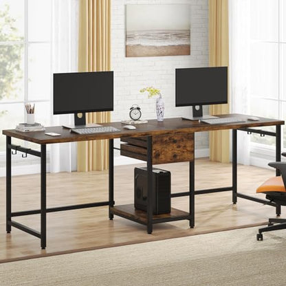 Tribesigns 79 Inch Extra Long Desk, Double Desk with 2 Drawers, Two Person Desk Long Computer Desk with Storage Shelves, Writing Table Study Desk for Home Office, Rustic Brown - WoodArtSupply