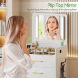 HNEBC 3 in 1 Vanity Desk with Plip Top LED Mirror,Small Dressing Table Set with Visible Glass Desktop,Compact Vanity with 3 Drawers,Storage Compartment and Padded Stool,for Bedroom(White) HNEBC