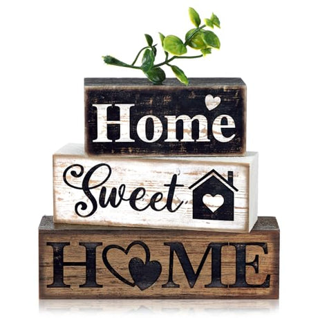 Moucuny 4 Pcs Farmhouse Wooden Tabletop Decor Farmhouse Tiered Tray Decor Rustic Eucalyptus Leaves Wood Block Sign Gift Sweet Home Centerpiece Farmhouse Home Table Decor Moucuny