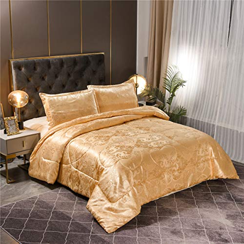 Raytrue-X Queen Comforter Set- Luxury Gold Silk Bed Set All Season Lightweight Quilt Soft Microfiber Bedding comforters & Sets Matching 2 Pillow Shams (Full/Queen, 3 Pieces, 88-by-88 inches) Raytrue-X