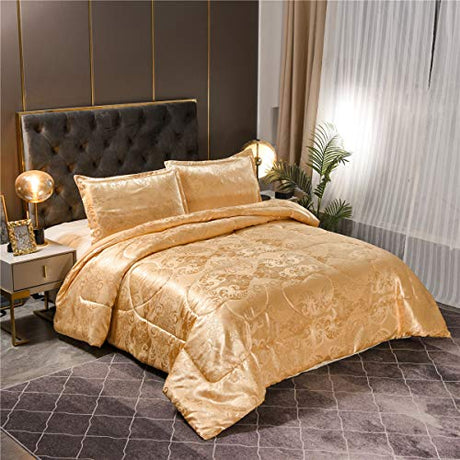 Raytrue-X Queen Comforter Set- Luxury Gold Silk Bed Set All Season Lightweight Quilt Soft Microfiber Bedding comforters & Sets Matching 2 Pillow Shams (Full/Queen, 3 Pieces, 88-by-88 inches) Raytrue-X