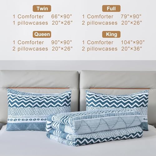 BOLINLIVING Twin Comforter Set Kids, Boho Stripe Comforter Set Twin Size, Twin Bed in a Bag Soft Bohomian Bedding Lightweight Breathable for All Seasons (Blue 66×90 inch) BOLINLIVING