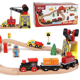 Qilay Wooden Train Set for Toddler - 39 Pcs Wooden Train Tracks with Crane, Bridge & 5 Wooden Trains - Train Toys for 3,4,5 Year Old Boys & Girls - Qilay