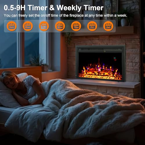 23" Electric Fireplaces Inserts, Recessed Fireplace Heater with Thermostat, 5 Flame&Fuel Bed Brightness,Timer VINEMOUNT