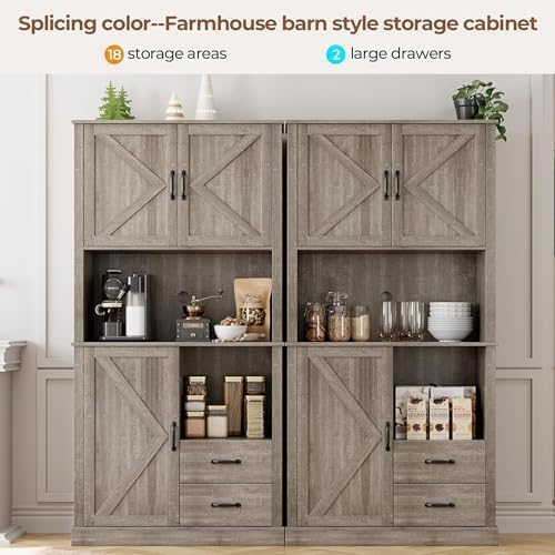 GarveeHome Modern Kitchen Pantry Cabinet with Microwave Stand, Tall Hutch Bar Cabinet with Drawers & Adjustable Shelves, Large Wood Storage for Dining Room, Living Room, Rustic Grey GarveeHome