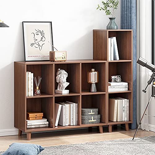 IOTXY Freestanding Open Cubes Bookcase - 2-Tier Floor Standing Wooden Storage Display Cabinet Organizer with Legs for Home Office, 6-Cubes Open Shelf Low Short Bookshelf, Walnut IOTXY