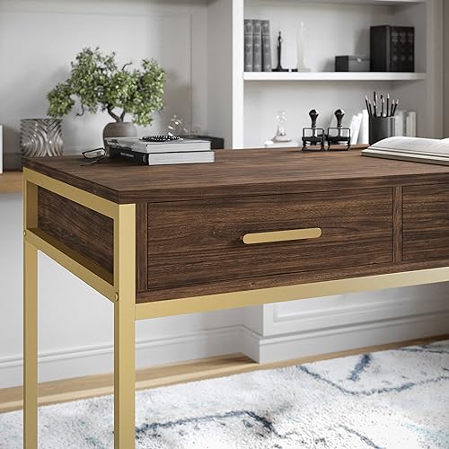 Martha Stewart Ollie Home Office Desk with 3 Drawers in Walnut Wood Grain with Polished Brass Hardware Martha Stewart