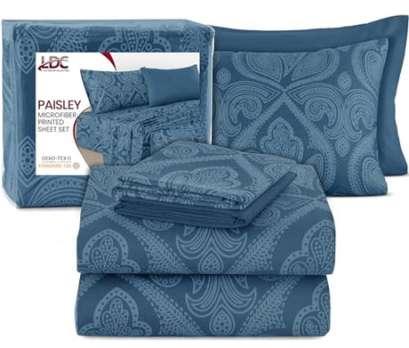 Ultra Soft Wrinkle-Free Microfiber Paisley Queen Sheet Set, Breathable Boho Bed Sheet Set – 16" Deep Pocket Fitted Sheet, Flat Sheet & 4 Pillowcases, Juegos de Sábanas, OEKO-TEX - Navy Blue LDC LUX DECOR COLLECTION