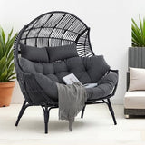 IRONCK Double Egg Chair Outdoor, 2 Person Wicker Lounge Chair, Oversized Thickened Padded Cushions and Headrests, 680 Lbs Egg Loveseat for Indoor, Patio, Living Room, Porch, Balcony, Dark Grey IRONCK
