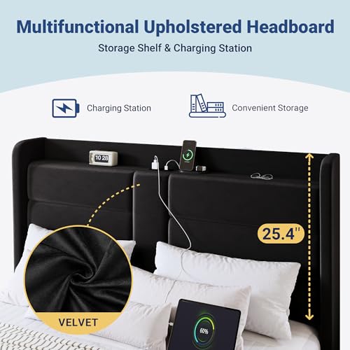 Allewie Queen Size Platform Bed Frame with Charging Station & Storage Headboard, Upholstered Velvet Wingback Design & USB Port, Strong Wooden Slats Support, No Box Spring Needed, Easy Assembly, Black Allewie
