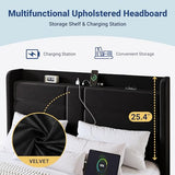 Allewie Queen Size Platform Bed Frame with Charging Station & Storage Headboard, Upholstered Velvet Wingback Design & USB Port, Strong Wooden Slats Support, No Box Spring Needed, Easy Assembly, Black Allewie
