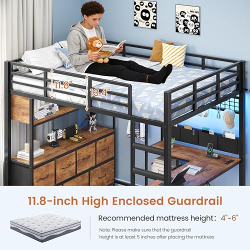 MSmask Full Size Loft Bed with 7 Storage Drawers, Large 2-Cube Bookshelf, L Desk & Charging Station, Metal Loft Bed with LED Lights & Open Shelf, Bed with Safety Guardrail & Ladders, Rustic Brown MSmask