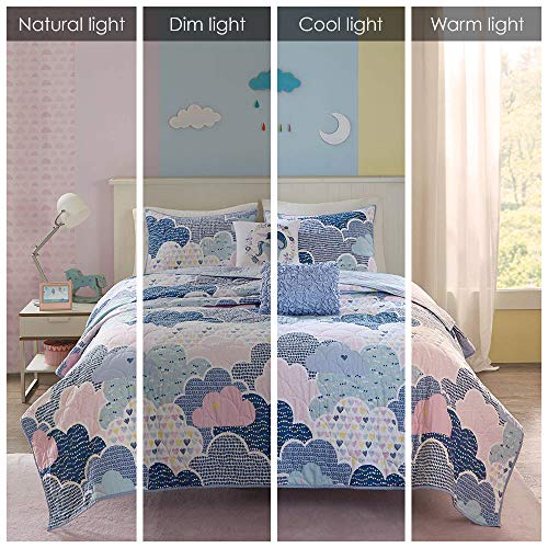 Intelligent Design Kids Reversible Cotton Quilt Set - Vibrant Fun, Playful Print, All Season Children Bedding Coverlet Bedspread, Decorative Pillow, Bedroom Décor, Twin, Cloud Blue 4 Piece Intelligent Design