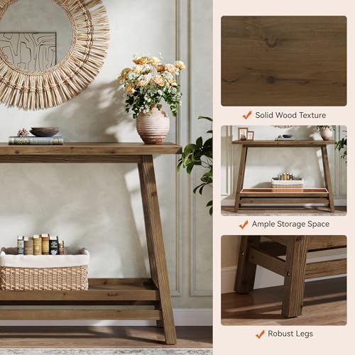 TRIBEWOOD 41.3" Farmhouse Console Table, Solid Wood Entryway Table with Storage Shelf, 2 Tiers of Narrow Behind Couch Sofa Furniture for Living Room, Hallway, Foyer, Easy Assembly, Brown TRIBEWOOD
