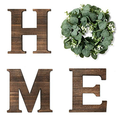 Yoleshy Wooden Home Sign with Artificial Eucalyptus Wreath for O, 9.8'' Home Letters With Wreath For Wall Hanging Decor, Rustic Wall Letters Decor For Living Room, Entry Way, Kitchen, Etc (Brown)