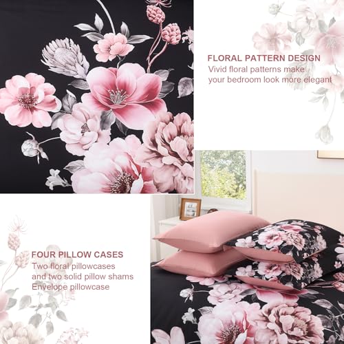 Floral King Size Comforter Set - 7 Piece Botanical Black and Pink Bed in a Bag Ulter Soft Microfiber Bedding Set, Lightweight Bed Comforter Set with Sheets for All Season (Black, King) LLDSYW