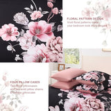 Floral King Size Comforter Set - 7 Piece Botanical Black and Pink Bed in a Bag Ulter Soft Microfiber Bedding Set, Lightweight Bed Comforter Set with Sheets for All Season (Black, King) LLDSYW