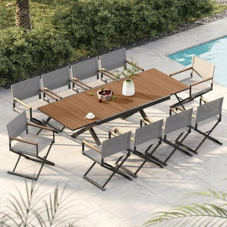 Grand patio 11-Piece Outdoor Dining Set, 10 Extra-Wide Folding Chairs & 1 Rectangle Expandable Table for 6-8 Person, Sling Mesh Patio Chairs with Wood Grain Table for Yard, Poolside, Deck, Gray Grand patio