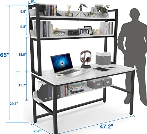 Aquzee 47 Inch White Computer Desk with Hutch and 3-Tier Bookshelf for Home Office - WoodArtSupply