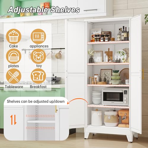 winiowa Metal Pantry Cabinet with 2 Doors and Adjustable Shelves - 71" Kitchen Storage Cabinet with Gold Handles - Versatile Storage for Kitchen, Bathroom, Dining Room, Utility Room - White winiowa