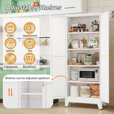 winiowa Metal Pantry Cabinet with 2 Doors and Adjustable Shelves - 71" Kitchen Storage Cabinet with Gold Handles - Versatile Storage for Kitchen, Bathroom, Dining Room, Utility Room - White winiowa